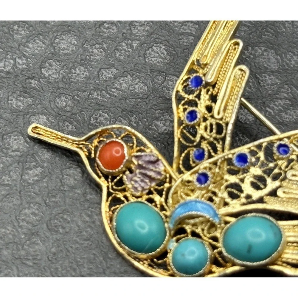 VTG Hummingbird Brooch Vermeil 925 Sterling Silver Turquoise Coral Blue Enamel